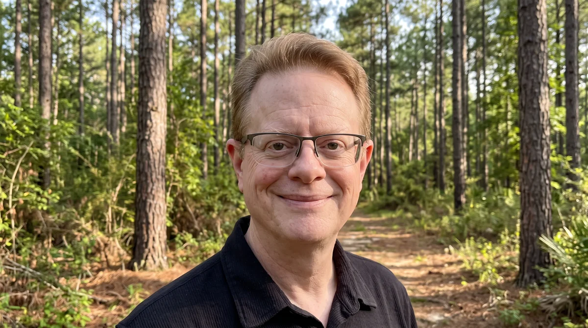 Mark smiling on a forest path